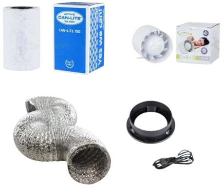 DAMPF MIT STIL - Grow Abluft Set 100mm: Can-Filters 150PL (150-165 m³/h) + Airroxy Quiet Ventilator 100mm + 1m Aluminium-Schlauch – Leises Abluftsystem für Growboxen