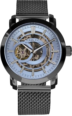 LOUIS XVI Versailles 2.0 Automatik 1931 - Ø 43.5 mm - Herren Uhr - Wasserdicht - Skelettuhr - Armband Schwarz - Zifferblatt Blau – Automatikuhr