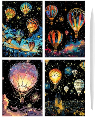 BARRU 4 Stück Kratzbilder Set DIY - Magic Rainbow Kratzpapier mit Nachtleuchtenden Motiven Inkl Kratzwerkzeuge - Perfektes Geschenk für Weihnachten Geburtstage (Heißluftballon)
