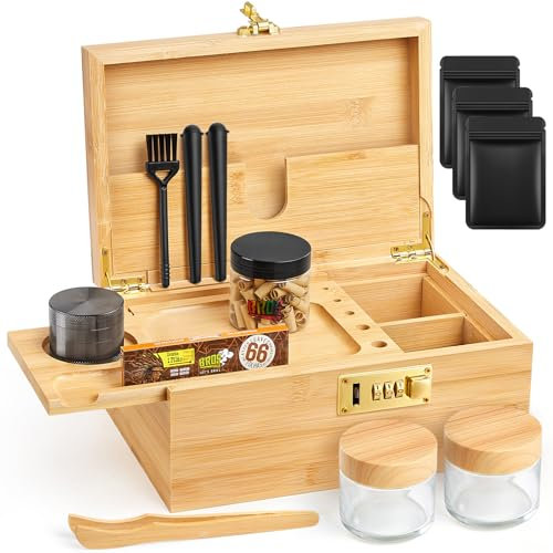 Betoores Large Bamboo Stash Box Set with Combination Lock, Decorative Wooden Storage Box with Removable Rolling Tray, Grinder, 2 Glass Stash Jars, Brush, 2 Conical Tubes and All Accessories