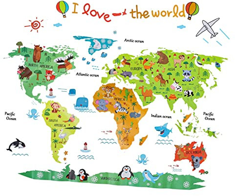 JOINPAYA Set Di Adesivi Murali Rimovibili Con Animali Dei Cartoni Animati Mappa Del Mondo Adesivi Murali in Pvc Per Bambini Stile Casuale