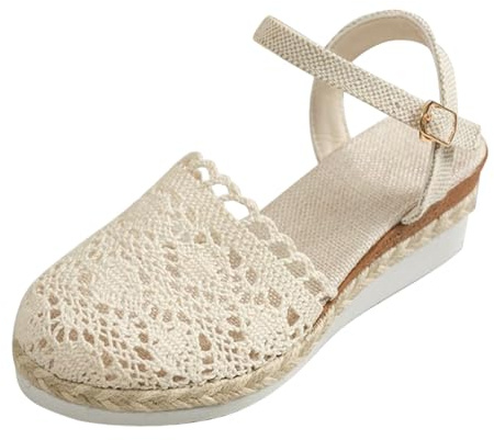 Momolaa Closed Toe Espadrille Wedge Sandals for Women Crochet Upper Slip on Buckle Ankle Strap Wide Fit Stretch Sandal Comfortable Casual Cap Toe Summer Wedges Shoes Ladies Footwear UK