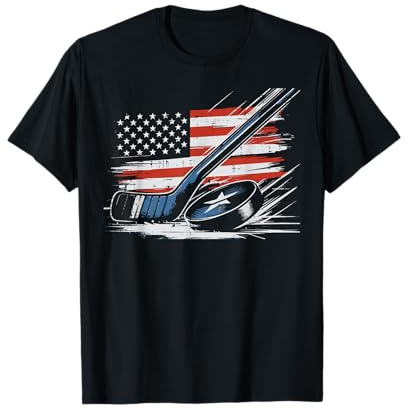 4th of July Ice Hockey Stick Puck US Flag Men Boys Kids T-Shirt