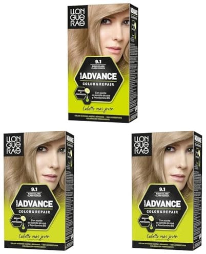 Llongueras Color Advance Tinte Pelo Mujer Coloración Permanente Color Intenso hasta 5 semanas - Tono 9.1 Rubio Claro Claro Ceniza (Paquete de 3)