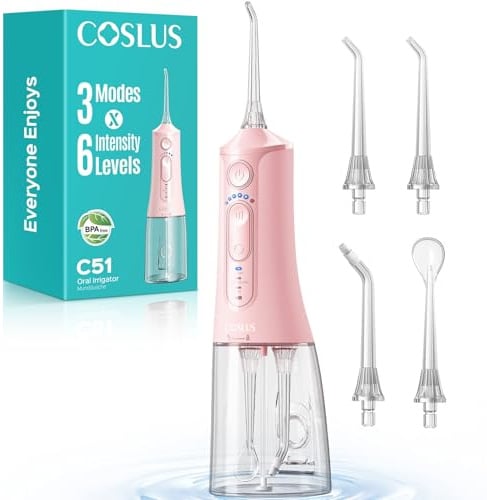 COSLUS Portable Water Flosser for Teeth: 3 Modes & 18 Pressure Settings with Jet Mode Water Dental Pick for Orthodontic, Braces, Sensitive Gums, Compact for Travel, 300ML for Multiple Users, Pink C51
