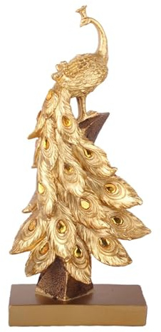 PawwJoy Dekorative Pfau-Statue, Skulptur, Kunstharz, Handwerk für Tisch, Schrank, Heimdekoration, Kunstornament, 16,5 x 10,5 x 40 cm, Gold, S