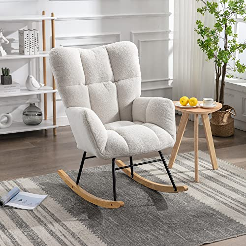 BTM Mid Century Modern Schaukelstuhl aus Teddystoff, mit gepolstertem Sitz, für Wohnzimmer und Schlafzimmer, weiß