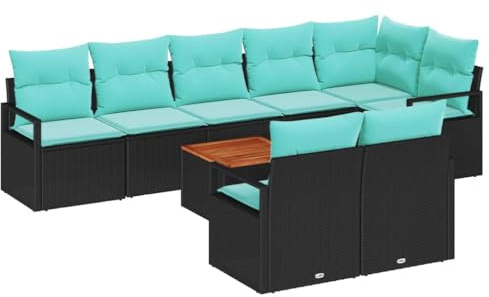 vidaXL Gartensofa-Set mit Kissen 9 pcs Schwarz Poly-Rattan, Modernes, Robustes modulares Lounge-Set für draußen, ideal für den Garten, leicht und UV-beständig