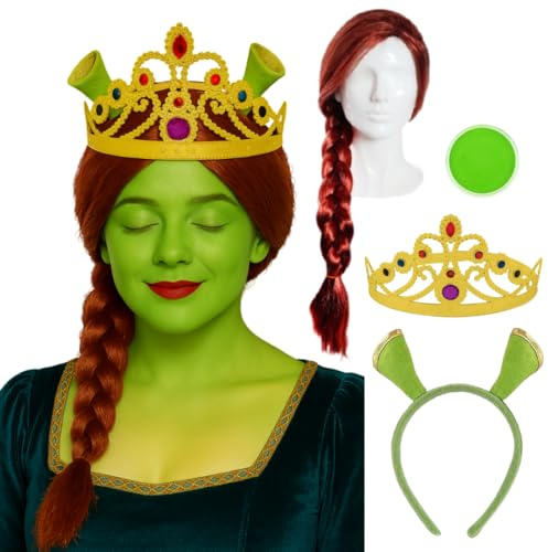 Princess Ogre Set - Red Plait Wig, Ogre Ears Headband, Adjustable Tiara Crown & Green Face Paint Set – Adult Fairy Tale Fancy Dress Accessory Kit for Halloween, Cosplay & Themed Parties