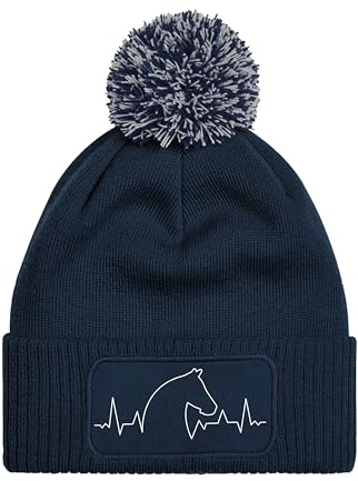 NIMAMA Mütze Beanie Heartbeat Pferd Strick Bommel Wintermütze Statement Lustiger Spruch Unisex Strickmütze für Herren & Damen