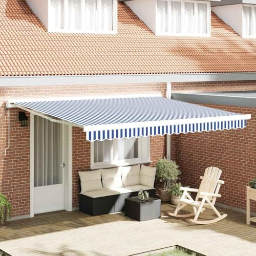 QJBSAVVA Einziehbare Markise 400x300 cm Blau Weiß Stoff & Metall Modernes Gelenkarmdesign für Terrasse Balkon Garten Schatten und Stil in einem