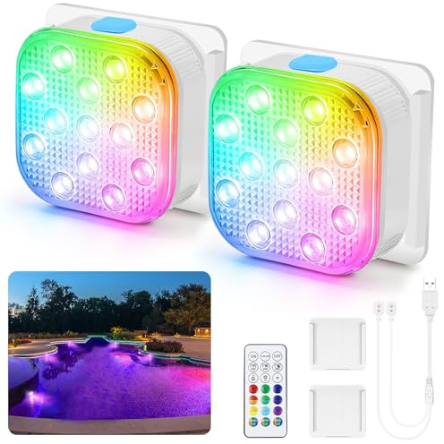 YUEJIDZ Poolbeleuchtung Unterwasser LED Licht mit Fernbedienung, 2 Stück | RGB Farbwechsel,Wiederaufladbare Akku,IP68 Wasserdichte,für Schwimmbad,Whirlpool,Teich, Party,Garten,Badewannen,Brunnen