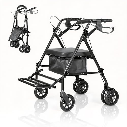 2 in 1 Rollstuhl Rollator Faltbar und Leicht mit Sitz, Outdoor Gummireifen für Allen Gelände, Leicht Rollatoren mit Netztasche, Aluminium Gehhilfer Transport-Stuhl, verstellbarer Sitzhöhe, Schwarz