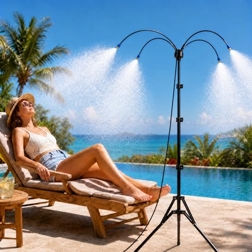 DLPL Brumisateurs Debout pour terrasse extérieure, système de brumisation Portable avec Hauteur réglable de 1,5 m, Tuyau d'arrosage de 8 m et Base trépied Stable pour Refroidissement de Jardin