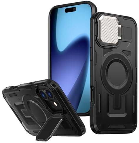 Techsuit für iPhone 17 Hülle mit Schiebbarer Kameraabdeckung, Magnetring Kompatibel, Integrierter Ständer, Erhöhte Kanten, Stoßfest, Kabelloses Laden Kompatibel, CamVault Magnetic Series, Schwarz