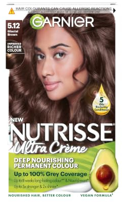 Garnier Nutrisse Ultra Crème Permanent Hair Dye, 5.12 Glacial Brown | Up to 100% Grey Coverage, Rich Long-Lasting 8-Week Colour, 5x Stonger, 2x Shiner Hair, No-Ammonia, Vegan Formula
