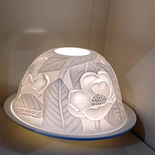 Nordic Light Tealight Candle Holder, Set of Shade & Plate, Flowers Living, Dining Room Table, Home Decor Accessories-Porcelain-One Size, Ceramic, White Patterned