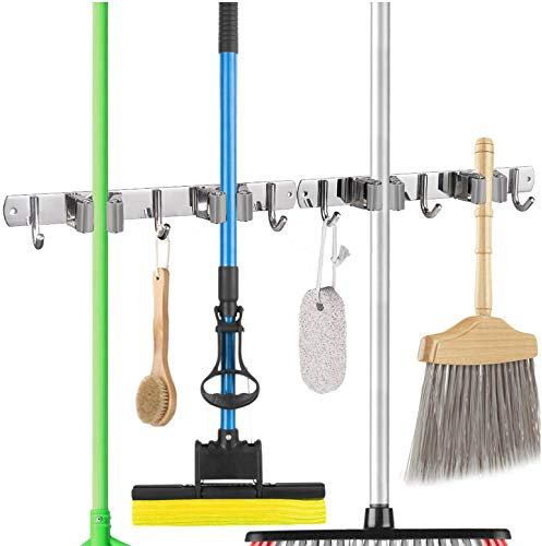 KURTVANA Wischmopp Besenhalter Wandhalterung Organizer Aufbewahrung, einfache Montage, Schrauben oder selbstklebende Edelstahl-Werkzeughalter für Küche, mit 3 Haken, 1 Packung 2 Packungen grau