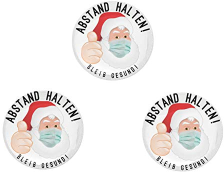 Button Anstecker Weihnachtsmann Set Corona Abstand halten! Nikolaus 59mm mit Nadel-Verschluss an der Rückseite (3 Stück)