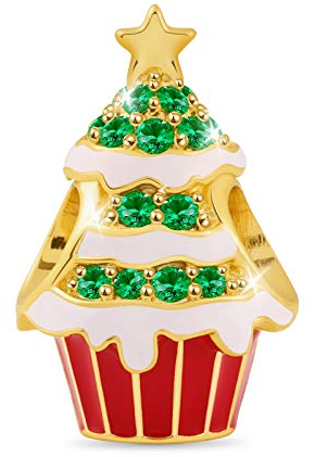 GNOCE Weihnachtsbaum Cupcake Charms Perle Sterling Silber 18 Karat vergoldet Christmas Charms Bead Fit Armband/Halskette für Frauen Mädchen
