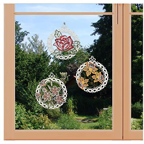 artex deko 3er Set Frühlings-Fensterbilder Blüten mit Rose, Narzisse und Kirschblüten aus Plauener Spitze