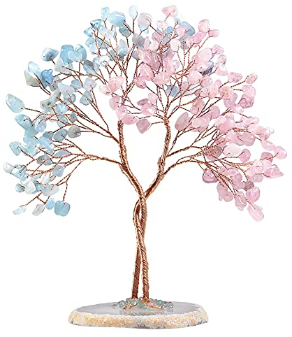 KYEYGWO Rosenquarz & Aquamarine Heilung Kristall Geldbaum auf Achat Scheiben Base, Handmade Edelsteinbaum Feng Shui Bonsai Baum Deko Stein Glückbaum Liebe Ornament für Glück, Reichtum