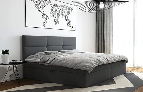 TRADA Boxspringbett 140x200 cm, Grau - mit Bettkasten und Bonallmatratze - TOP - Modern Bett mit elegant gestepptes Kopfteil - Dunkelgrau