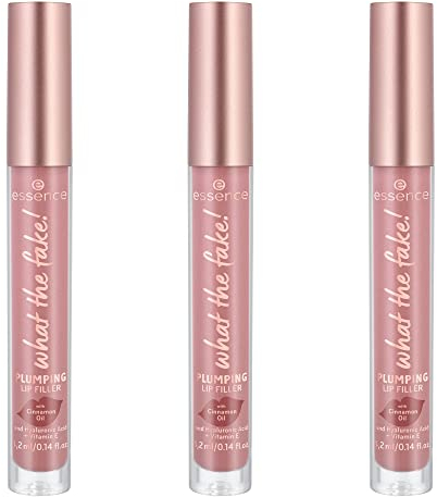 essence what the fake! PLUMPING LIP FILLER, Lipgloss, Nr. 02, Nude, feuchtigkeitsspendend, mit Vitaminen, kühlend, glänzend, vegan, ohne Parfüm, ohne Alkohol, ohne Parabene, 3er Pack (3x4.2ml)