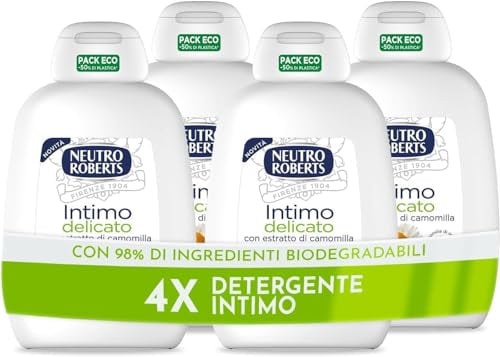 Neutro Roberts, Detergente Intimo Delicato, Detergente per l'Igiene Intima con Camomilla, 100% Naturale - Adatto a Pelli Sensibili, Per Donne e Bambini - Clinicamente Testato - 4 Flaconi da 200 ml