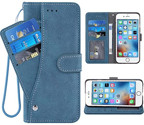 Compatible with iPhone 6 6s Wallet Case and Wrist Strap Lanyard Leather Flip Card Holder Stand Cell Phone Cover for iPhone6 Six i6 S iPhone6s iPhine6s iPhones6s i Phone6s Phone6 6a S6 Women Men Blue