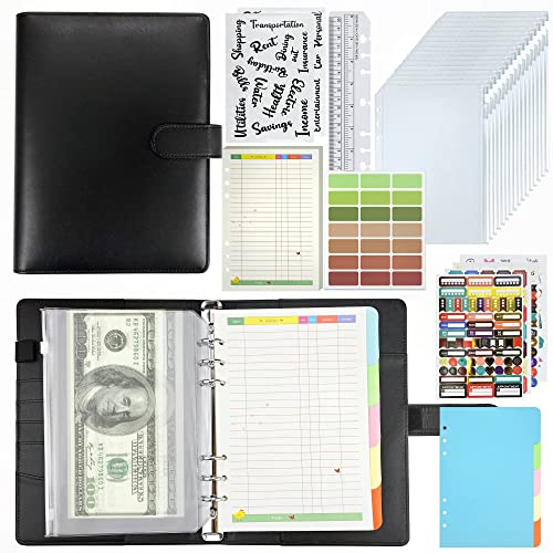 A5 Binder Notizbuch Set, PU Leder Loseblatt Notizbuchmit 12 Pcs Binder Taschen, 45 Budget-Beilagen, Etikettenaufkleber, Lineal und 5 Farbige Binder-Teiler, Für Financial Planner, Geldsparen(Schwarz)