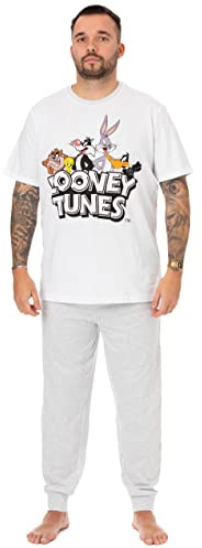 LOONEY TUNES Mens Pyjamas | Adult Grey Loungewear Pants & White T-Shirt Complete PJ Set | Bugs Bunny Taz Daffy Duck | Short Sleeve Tee Long Leg Bottoms Pajama Cartoon Merchandise Gift for Him