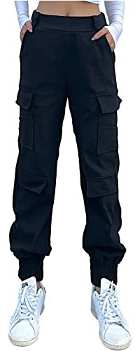 Nuofengkudu Femme Sarouel Cargo Pantalon Resserré Cheville Elastique Taille Haute 4 Poches Jogging Pants Fuseau Travail Pantalons Stretch Ado Y2K Decontracte Sport Mode Casual Punk Gothique Noir XL