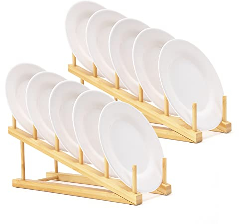 E-ROOM TREND Abtropfgestell Geschirrtrockner | 2-Etagen 5 Fächer 2 Stück | Natur | Holz Bambus Küchenaufbewahrung Organizer Geneigter Ständer Teller | für Tassen Schneidebretthalter (DR2802)