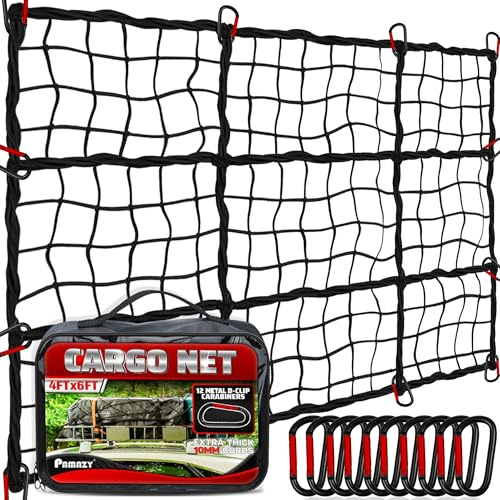[Premium] 4'x6' Heavy Duty Cargo Net Stretches to 8' x 12', Extra Thick 10mm Cord Bungee Cargo Netting for Pickup Truck Bed, Roof Rack Net & 12 PCS Steel Carabiners