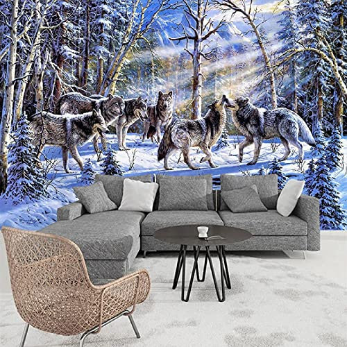 Papier Peint Panoramique Loups Animaux Sauvages Bois Neige Papier Peint Intissé 3D Tapisserie Poster Decoration Murale Chambre Salon
