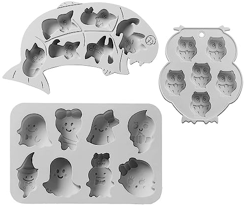 Silikonformen Set Geister, Katzen & Eulen für Backen Pralinen & Eiswürfel - Motiv-Back & Eis-Form - Dekoration, Halloween, Karneval & Motto-Party - 3er Pack