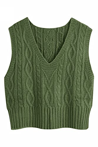 Women's Sleeveless V-Neck Knitted Vest Pullover Elegant Knitted Jumper Knitted Jumper Casual Women's Autumn Winter Sweater Vest, Green, S