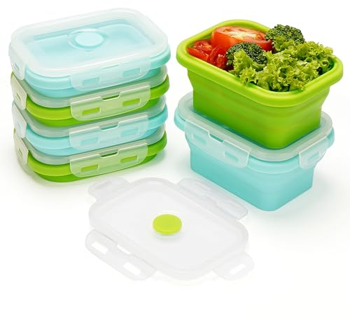 Kurtzy Pack de 6 Recipientes Herméticos para Alimentos Silicona Plegable con Tapas - 350 ml Fiambreras Comida Trabajo Apilables - Libre de BPA Reutilizable - Para Microondas, Lavavajillas y Congelador