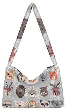 Mnsruu Flauschige Tragetasche aus Kunstfell, für Haustiere, Hunde, graues Fell mit Reißverschluss, weicher Plüsch, Umhängetasche, flauschige Tasche für Damen und Mädchen, A1004, Large