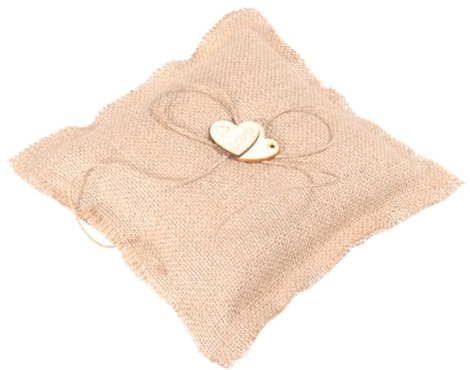 Warmhm Rustikales Burlap Ringkissen Mit Zwei Holzherzen Handgefertigt Natürliche Hessian Textur Hochzeit Ring Träger Kissen Für Zeremonie Und Party