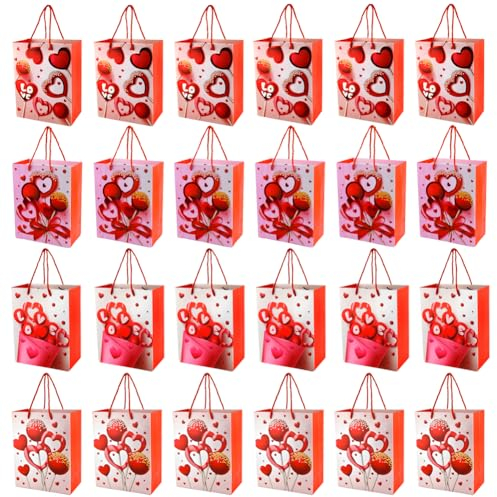 PLECUPE 24 Stück Herz Geschenktüte, Geschenktüte Vatertag mit Griffen, Papiertüten mit Liebe Herz Muster für Valentinstag Muttertag Party Geburtstag Hochzeit -Sechs pro Stil (24)