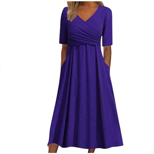 WVONIF Robe de Plage Femme en Éponge Longue Bohème Manches Courtes Col en V Élégante Taille Haute Cocktail Soirée Avec Ceintures Bleu (Violet, XL)