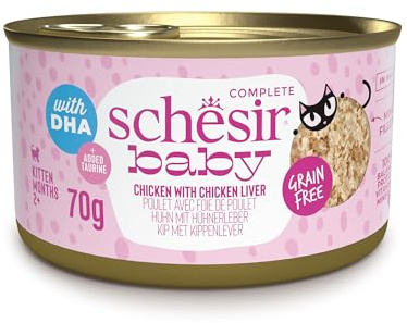 Schesir Baby kycklingtrådar med lever i buljong, komplett våtfoder för kattunge, kornfri, med DHA och Taurin, hydreringskälla, 12 x 70 g