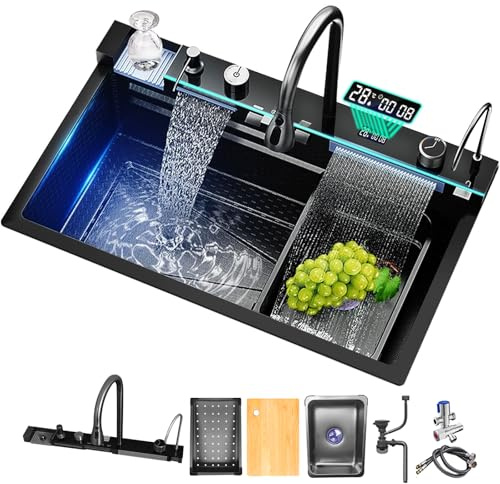 Fregadero de cocina Multifuncional, fregadero digital en cascada con lava tazas, dispensador de jabón, flujo de agua en cascada, drenaje en encimera. (Negro, 68x46x21CM)
