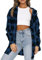 LACOZY Womens Long Sleeve Oversized Shirt Casual Long Sleeve Button Down Flannel Checked Shirt Blue 2XL