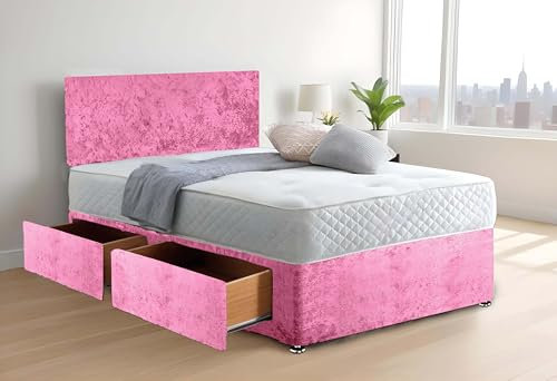 Crushed Velvet Divan Bed | Double Bed Frame with Mattress Spring Memory Foam | Bed With Storage (2 Drawers on Same Side) and Matching 20” Plain Headboard (PINK, 4FT6 DOUBLE)