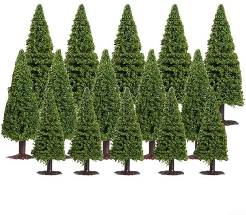 Snowchecking Miniature Trees, Pack of 15 Plastic Model Trees for Scenic Displays, Christmas Village Themes, Green, Plastic, Rustic Natural Traditional
