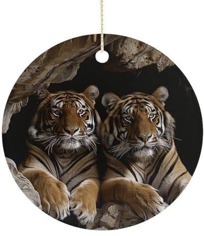 Keramik-Weihnachtsschmuck, Tiger in Höhle, bedruckt, rund, für den Außenbereich, doppelseitig, Keramik-Ornamente für Weihnachtsbaum, Heimdekoration, 7,4 cm