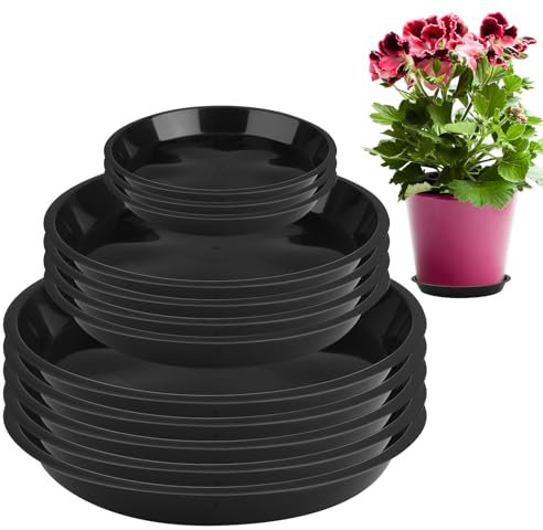 Meng Jiaran 12Pcs Plant Pot Saucers, Black Plant Saucer Waterproof Plant Tray, Deepened Flower Pot Drip Tray for Indoor Outdoor Garden Plants (14 cm/18cm/21cm)